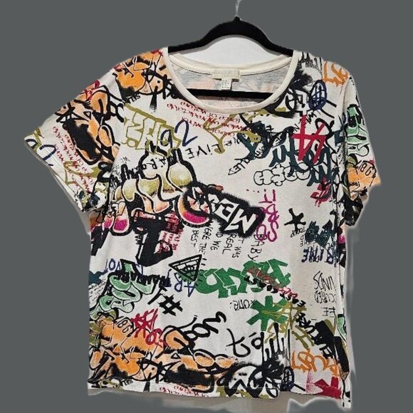 FOREVER 21 COLORFUL GRAFFITI SHORT SLEEVE CREW NECK TOP TEE 2X  HALLOWEEN URBAN - Picture 1 of 3